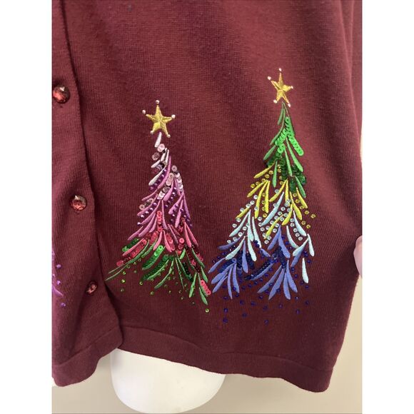 Quacker Factory Women’s Red Cardigan Sequins Tree Embroidered Long Sleeves Large - Picture 4 of 12